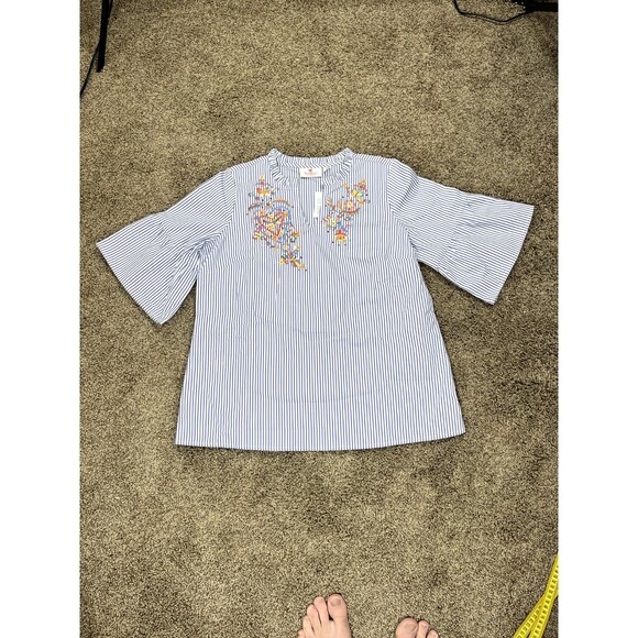 Quacker Factory by Jeanne Bice Floral Pop Over Blouse Top Striped Blue M - Picture 1 of 5